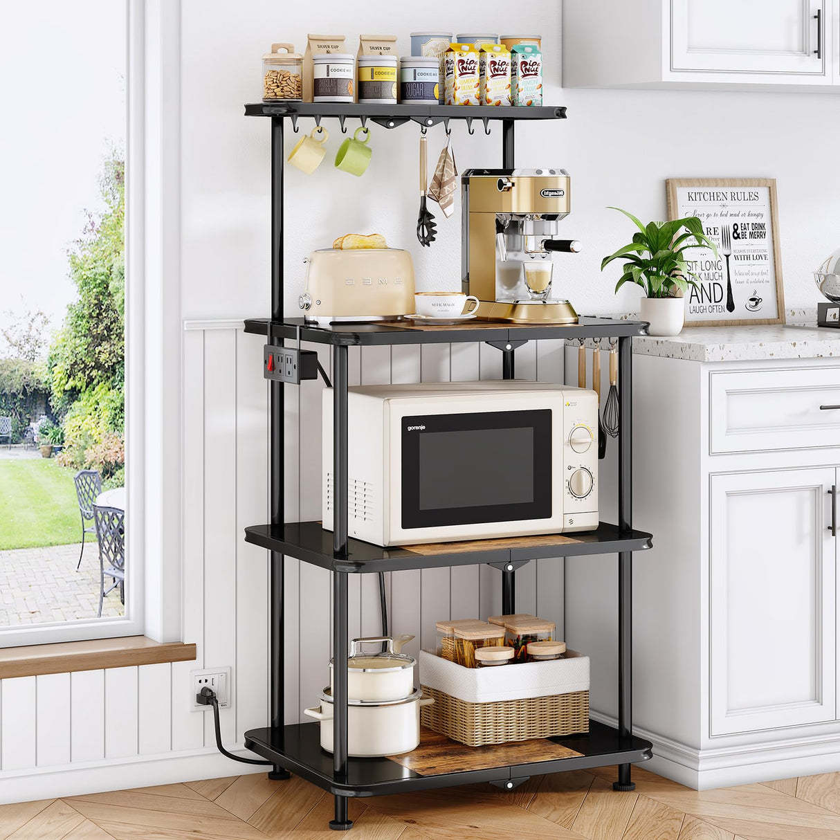 Kitchen Bakers Rack with Power Outlet - Easy & Tool-Free Assembly, Adjustable Coffee Bar Station 4 Tiers, Microwave Stand with 12 Hooks, Brown SNTD