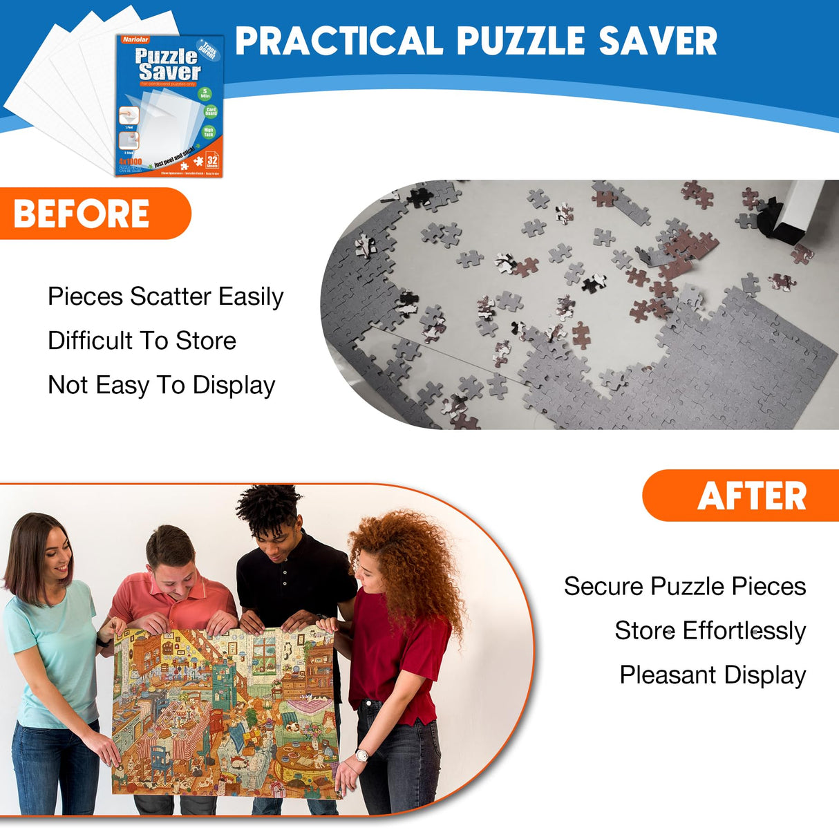 Nariolar Ultra-Adhesion Transparent Puzzle Glue Sheets, 32 Puzzle Saver Sheets for Preserving Up to 4x1000-Piece Jigsaws Nariolar