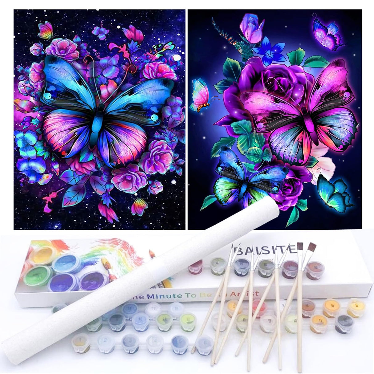 BAISITE Paint by Numbers Kit for Adults Beginners,12" Wx16 L 2 Pack Canvas for Painting Kits for Adults in Colorful Box-Butterflies 5152 BAISITE