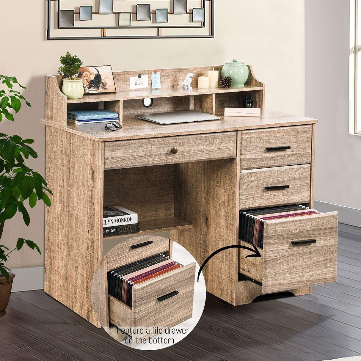 Computer Desk with 4 Drawers and Storage, Small Office Desk with File Drawers and Hutch, Farmhouse Wood Writing Student Table for Home Office, Bedroom, Wooden Grey HOMBCK