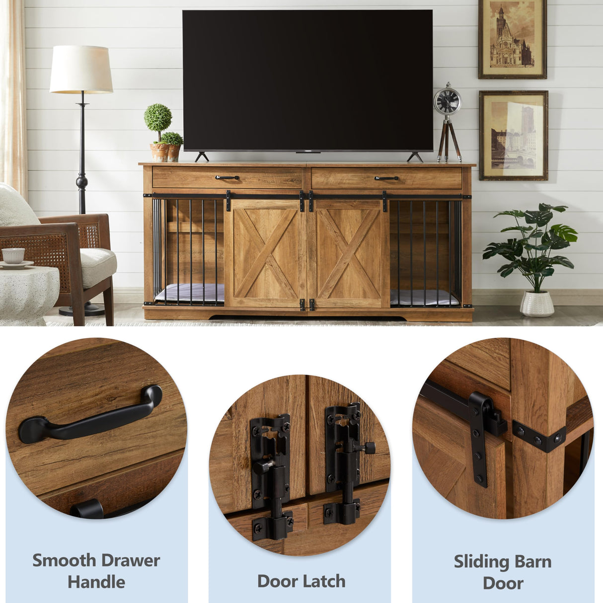 72.5" Double Dog Crate Furniture for 2 Medium Dogs, Heavy Duty Wood Dual Dog Kennel TV Stand with Sliding Doors and Storage Drawers, Rustic Oak KACVON
