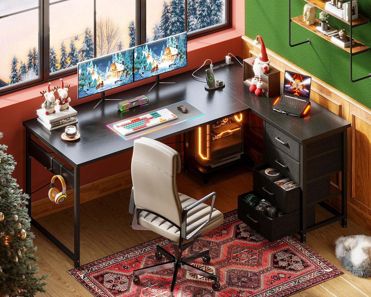 AODK L Shaped Gaming Desk with 4 Drawers, 61" Reversible Home Office Desks with Power Outlets, L Shaped Computer Desk with USB Charging Port and Host Stand, Corner Desk, Easy to Assemble, Black AODK