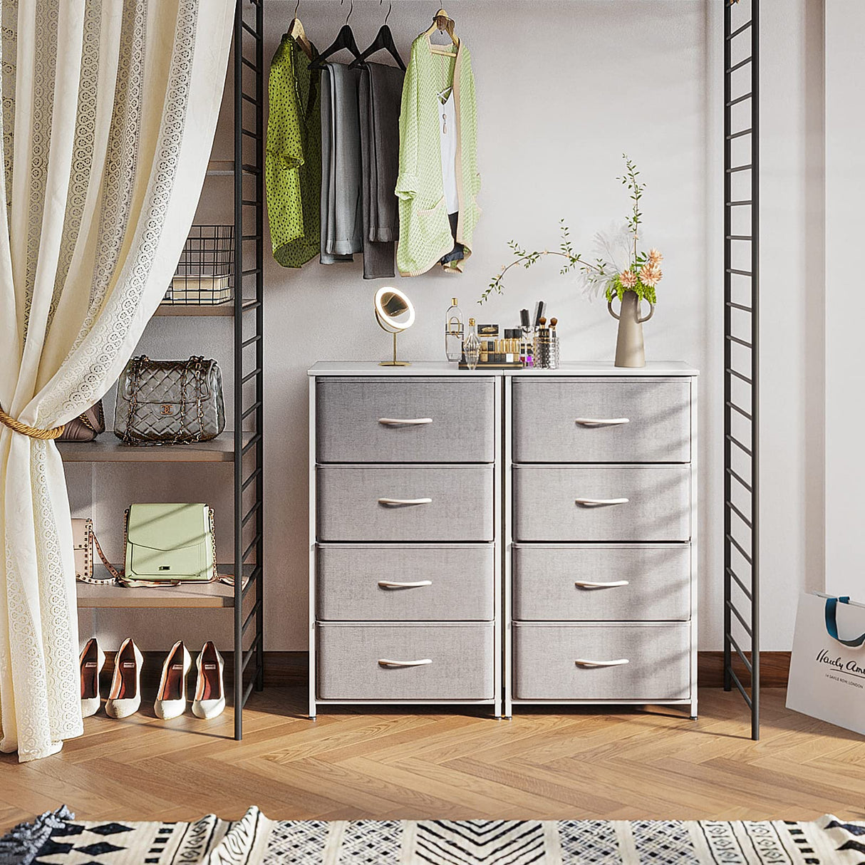 ODK Dresser for Bedroom with 4 Storage Drawers, Small Dresser Chest of Fabric Drawers with Sturdy Steel Frame, Wood Top, Light Grey ODK