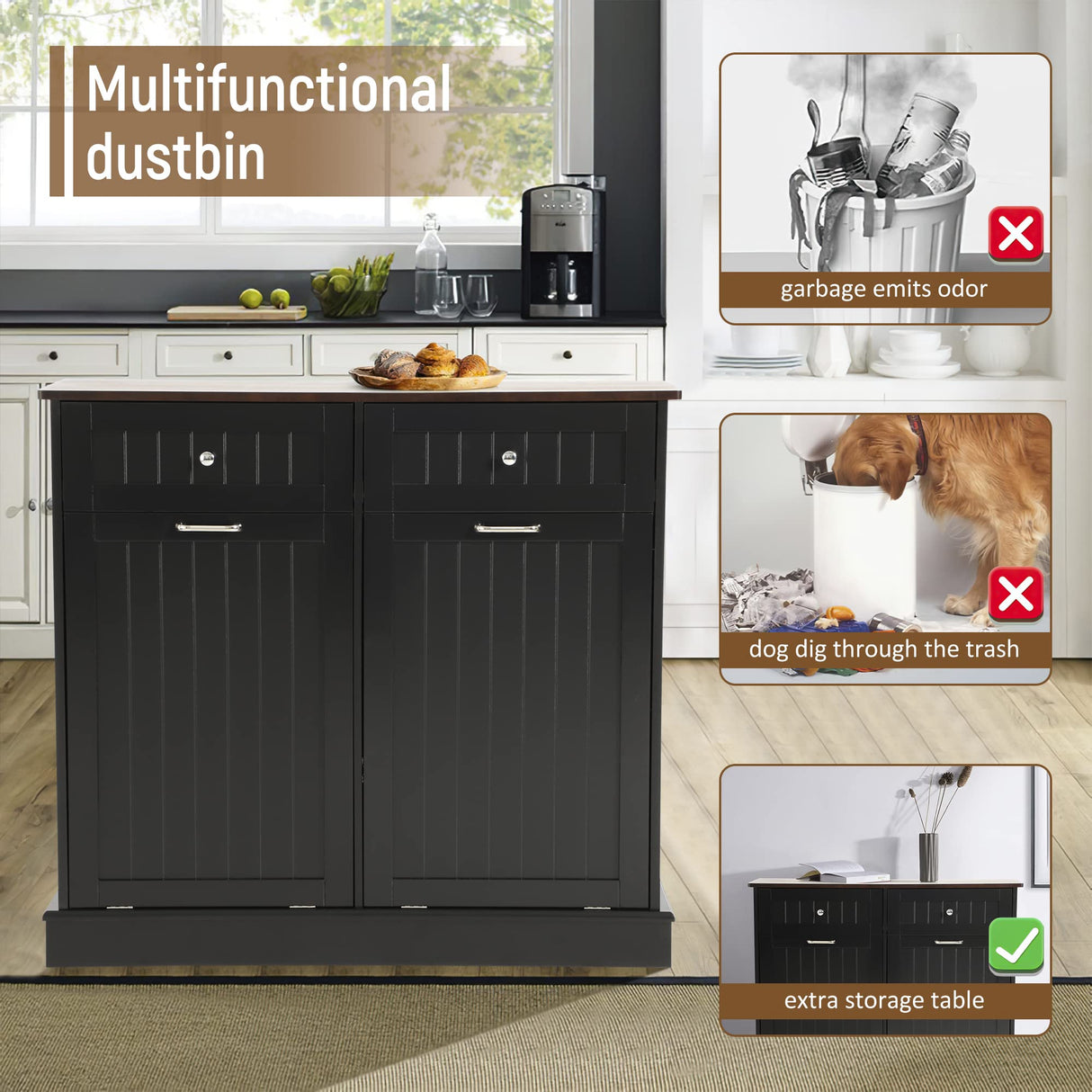 LOUVIXA Tilt Out Trash Can Cabinet Dog Proof with Double Wood Hidden Trash Can Holder, Kitchen Free Standing Recycling Cabinet(Black) LOUVIXA