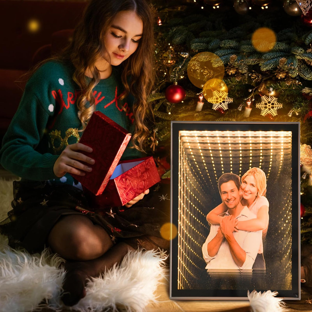 Neonip Personalized Infinity Mirror Light Box - Custom Photo Infinite Tunnel LED Night Lights Plaque - 3D Modern Family Home Decor Makeup Mirrors Gifts for Wedding Birthday Anniversary Neonip