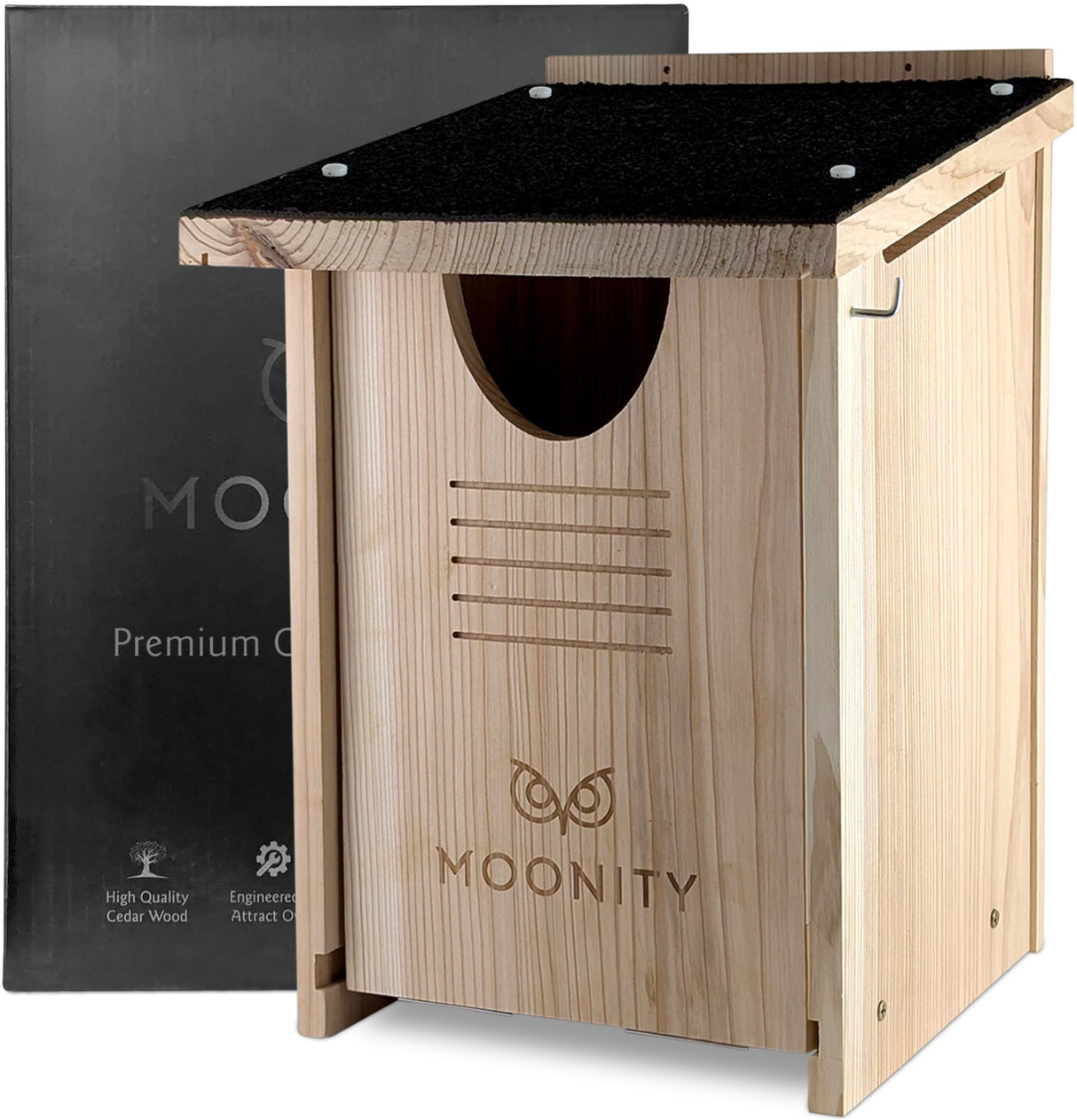 Owl House Cedar - Waterproof Owl Boxes for Outside - Nesting Box for Barn, Screech, Barred - Owl Box 16“ x 12” x 11” - Easy to Install - Bags of Cedar Wood Shavings Moonity