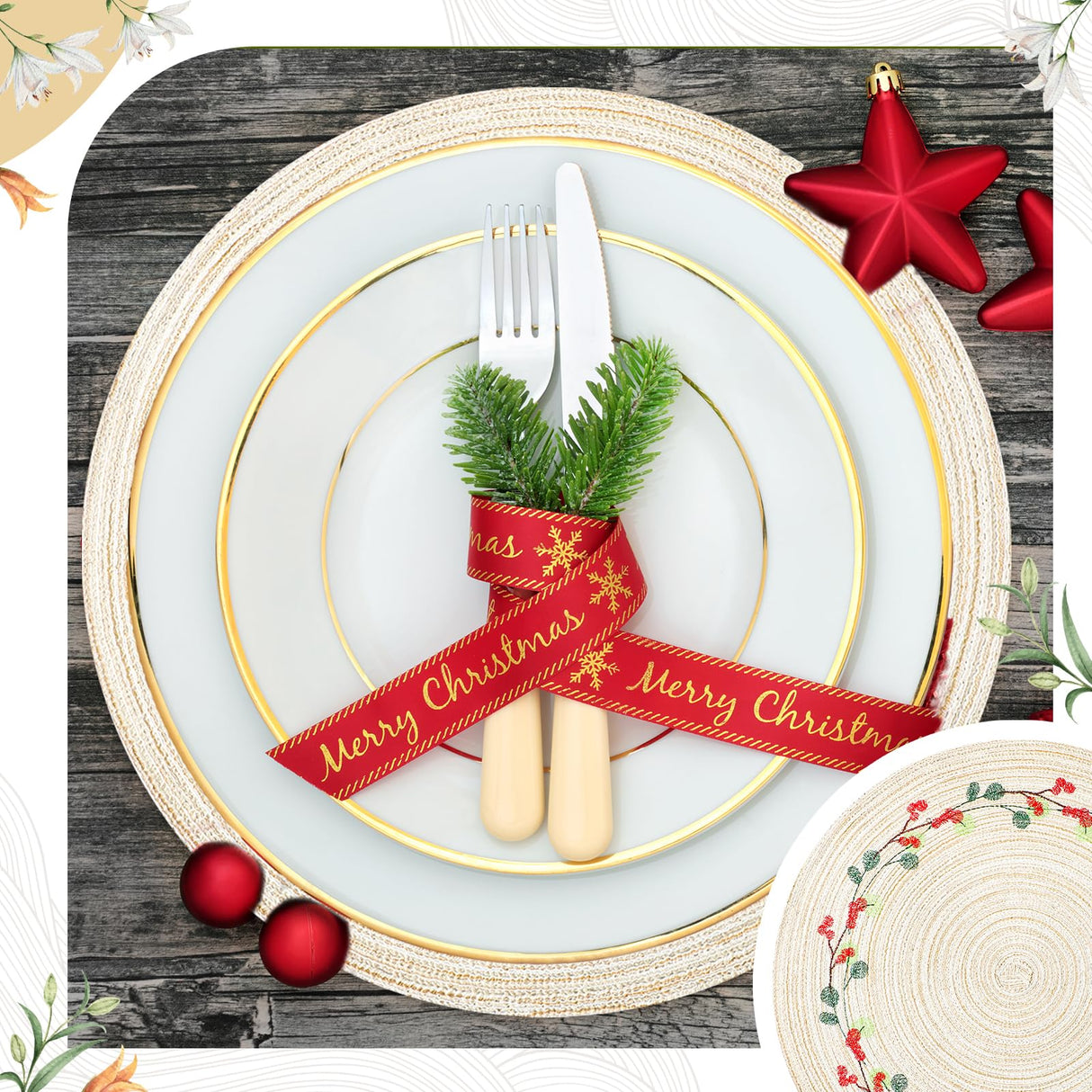 Buryeah 12 Set Christmas Round Placemats Washable 15 Inch Woven Placemats Embroidered Applique Place Mats Christmas Decorations for Winter Holiday Kitchen Dining Table (Berry) Buryeah