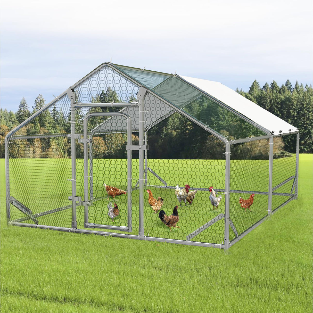 LEMBERI Metal Chicken Runs for Yard, Spire-roof Large Walk in Chicken coop cage for Outside,Galvanized Rabbits Duck Run and coops,Chicken Pen with Waterproof Cover for Outdoor,Backyard and Farm LEMBERI