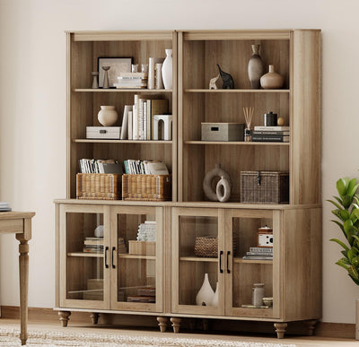 WAMPAT 5 Tier Bookshelf 72" Tall Bookcase with Glass Doors,Large Farmhouse Display Book Shelf with Adjustable Shelves and Storage Cabinet,Library Wood Bookshelves for Living Room,Kitchen, Oak(2PCS)