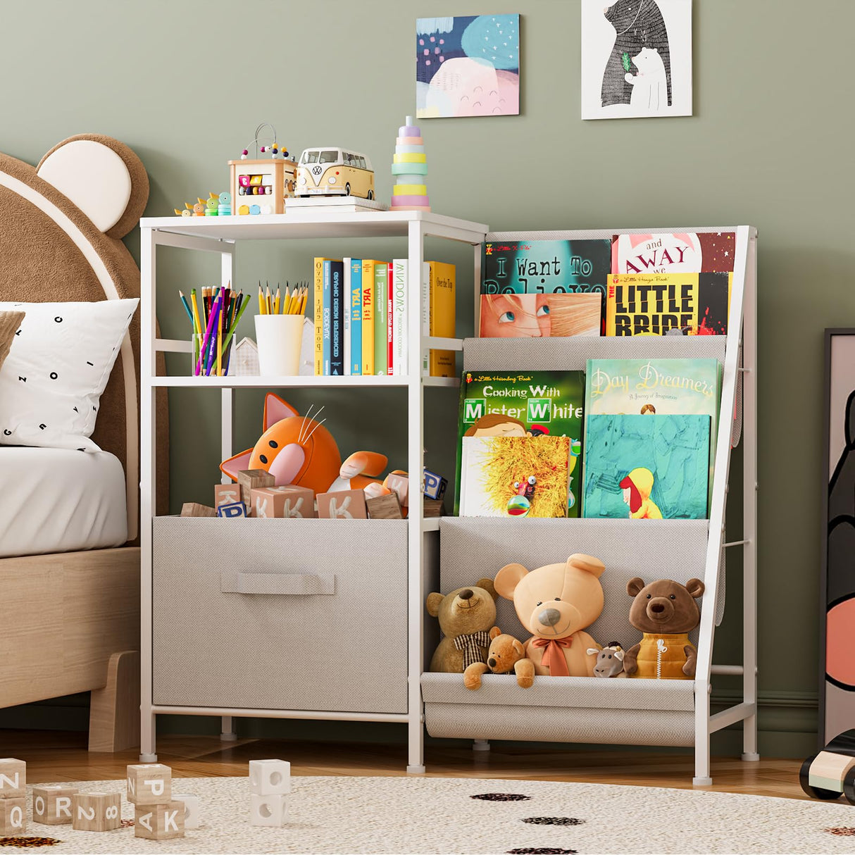 Kids Bookcases Montessori Bookshelf Nursery Book Shelves And Toy Storage With Drawer Childrens Toddler Bookshelf Sturdy Metal Kid's Toy Storage Organizer For Kids' Rooms Playroom kindergarten Aokitsink