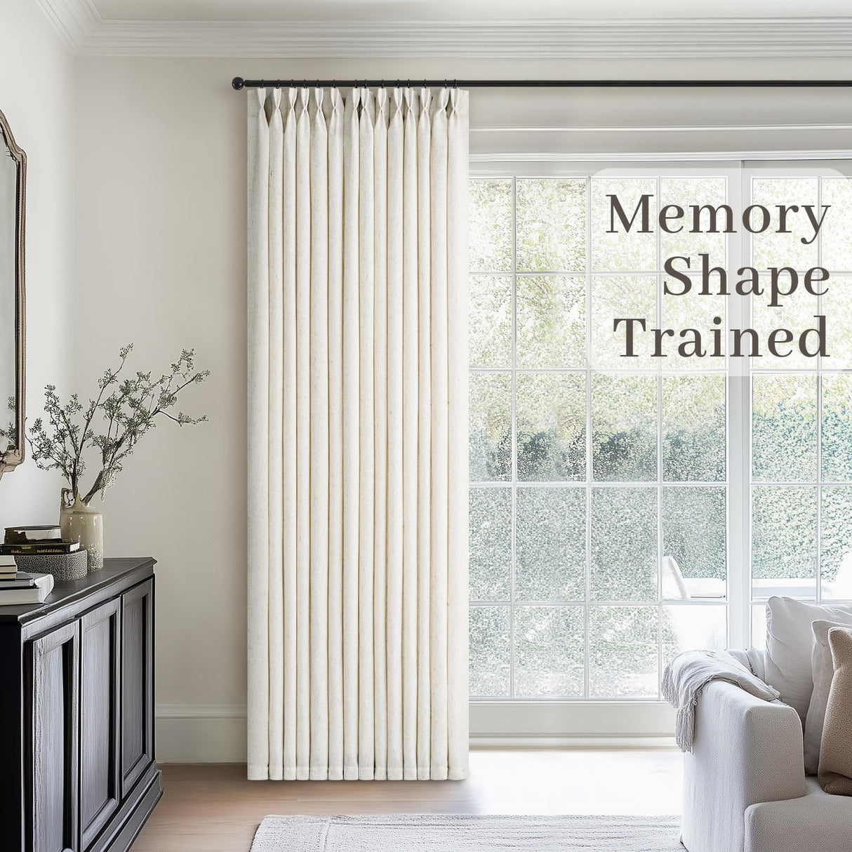 Natural Pinch Pleated Linen Curtains 84 Inch Long 2 Panels for Living Room Bedroom Country Farmhouse Thick Linen Textured Semi Sheer Back Tab Pinch Pleat Hooks Rings Window Curtain Birch Cream 7 FT Drapenova