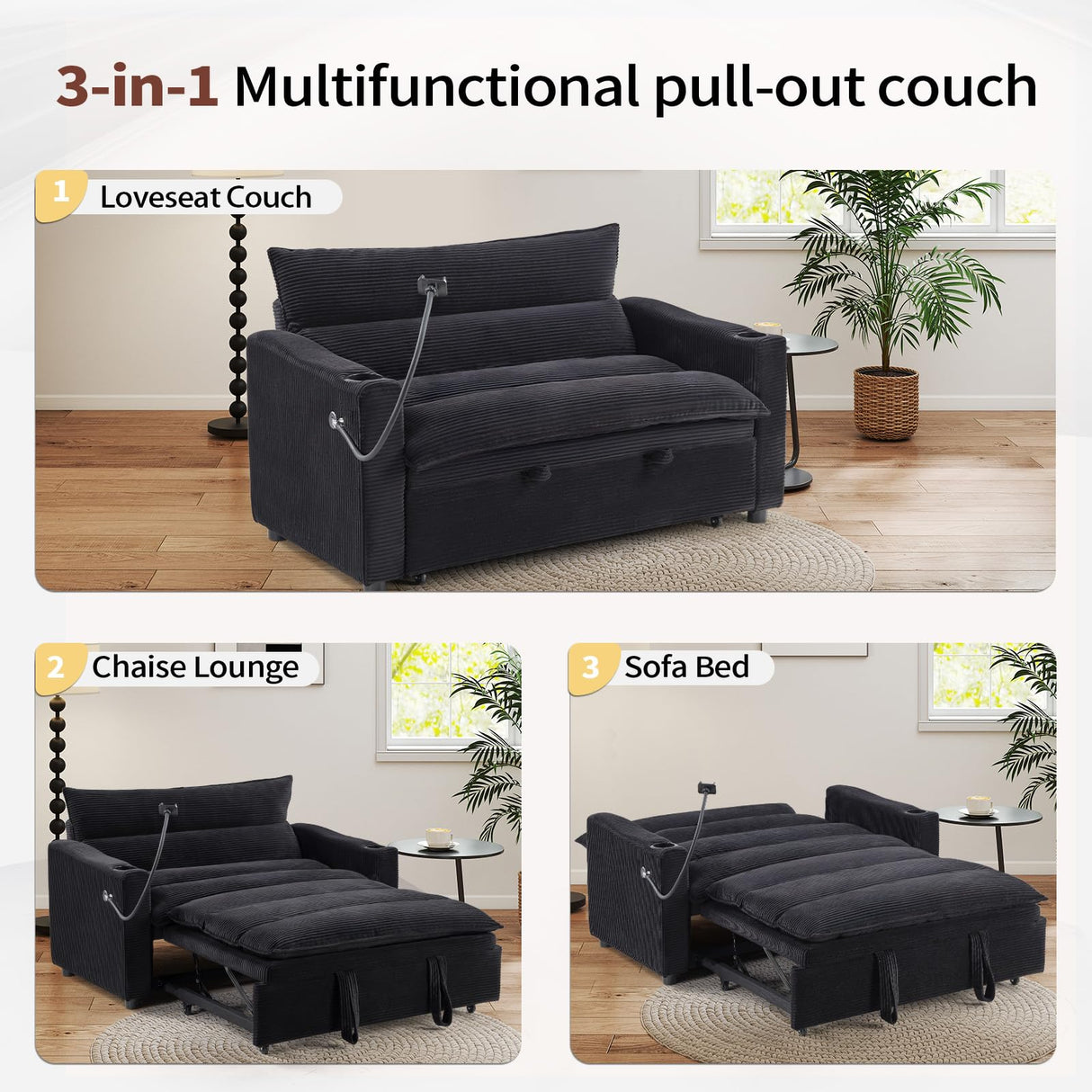 HAOMARKETS 3-in-1 Convertible Loveseat Sleeper Futon Sofa Bed with Cup Holders, 2-Seat Pull Out Couch, Phone Holder and USB Port, Corduroy 3-Level Adjustable Backrest Couches for Living Room, Black HAOMARKETS