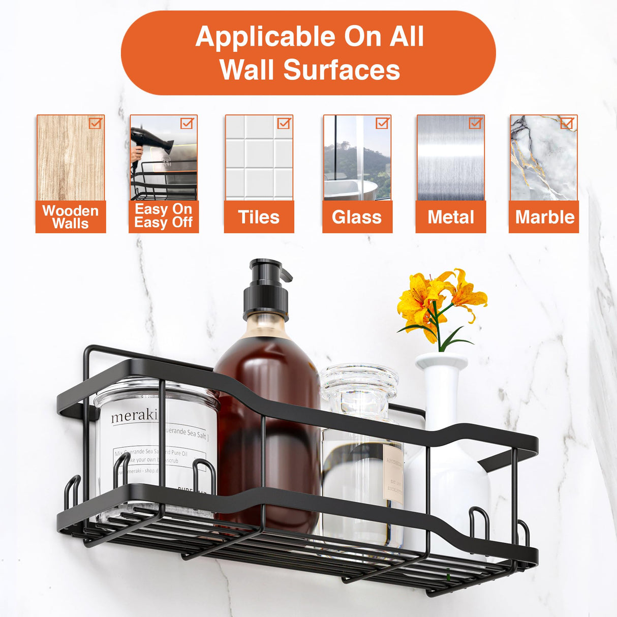 Shower Caddy Bathroom Shelves, The Athena Silken 4 Set, 40LB Capacity, Adhesive Tape No Drill - Rustproof -Gorgeous Powder Coated 304 Stainless Steel Shower Organizer for kitchen & Home Decor - Black Tribal Cooking