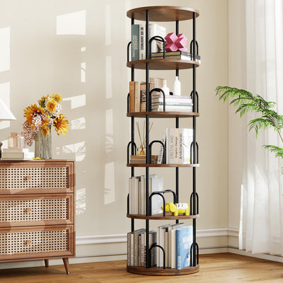 Arbcoler 5-Tier Rotating Bookshelf, 360° Round Spinning Book Shelf Tower, Tall Skinny Wood & Metal Bookshelf for Corner/Office/Home, Modern Industrial Vintage Style
