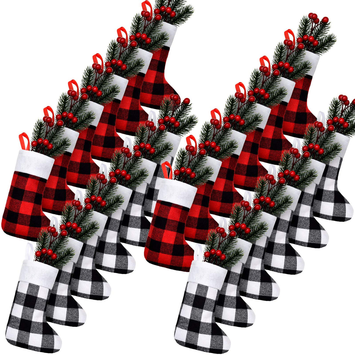 Skylety 24 Pcs Christmas Stockings Bulk Mini Xmas Buffalo Plaid Stocking Plush Cuff Hanging Decorations for Holiday Party Favors(24 Pcs,Red Black, Black White,Plaid) Skylety