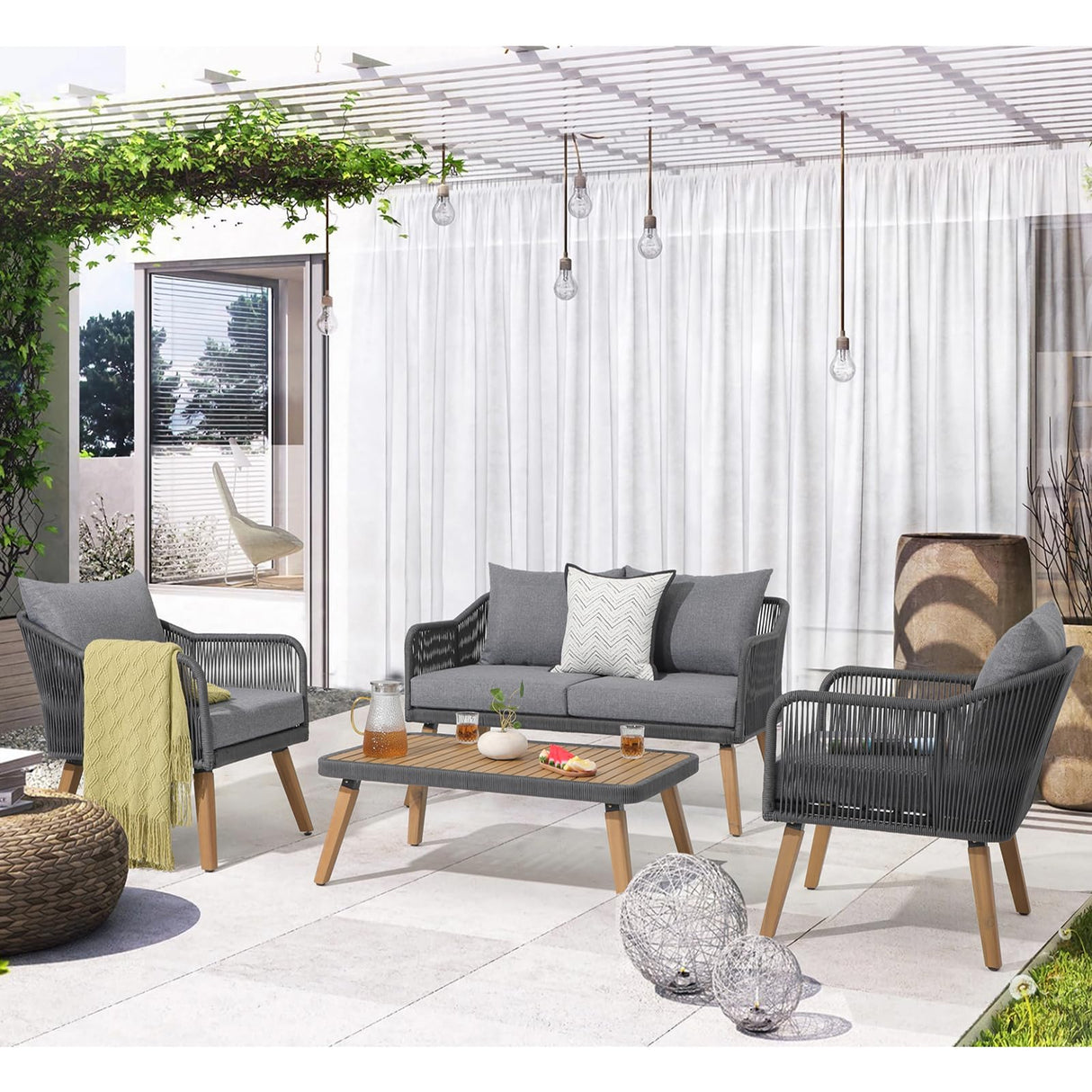 Patiorama 4 Piece Patio Furniture Set, Outdoor FSC Certified Acacia Wood Conversation Set, All-Weather Rope Sofa Set w/Coffee Table, Loveseat, Modern Deep Seating Set for Lawn Balcony Poolside, Grey Patiorama