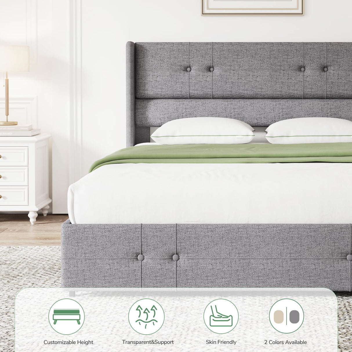 Novilla Upholstered King Size Bed Frame Platform with 4 Storage Drawers and Fabric Headboard, Non-Slip and Noise-Free King Bed Frame, Strong Wooden Slats, No Box Spring Needed, Grey Novilla