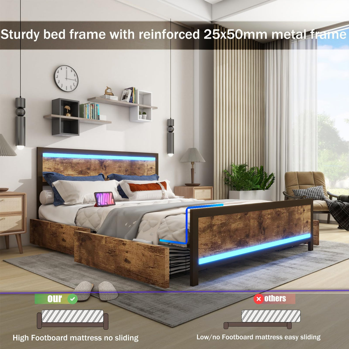 Ailisite Queen Size Bed Frame with 4 Drawers, LED Lights & USB Charging Ports - Rustic Wood Platform Design Ailisite
