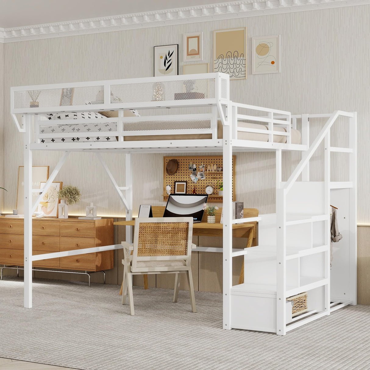 Duxelifin Queen Size Loft Bed with Staircase, Metal Loft Beds with Storage Shelves & Wardrobe, High Lofted Bed Frame, Loft Tall Bed for Boys Girls and Teens, No Box Spring Needed (White) Duxelifin