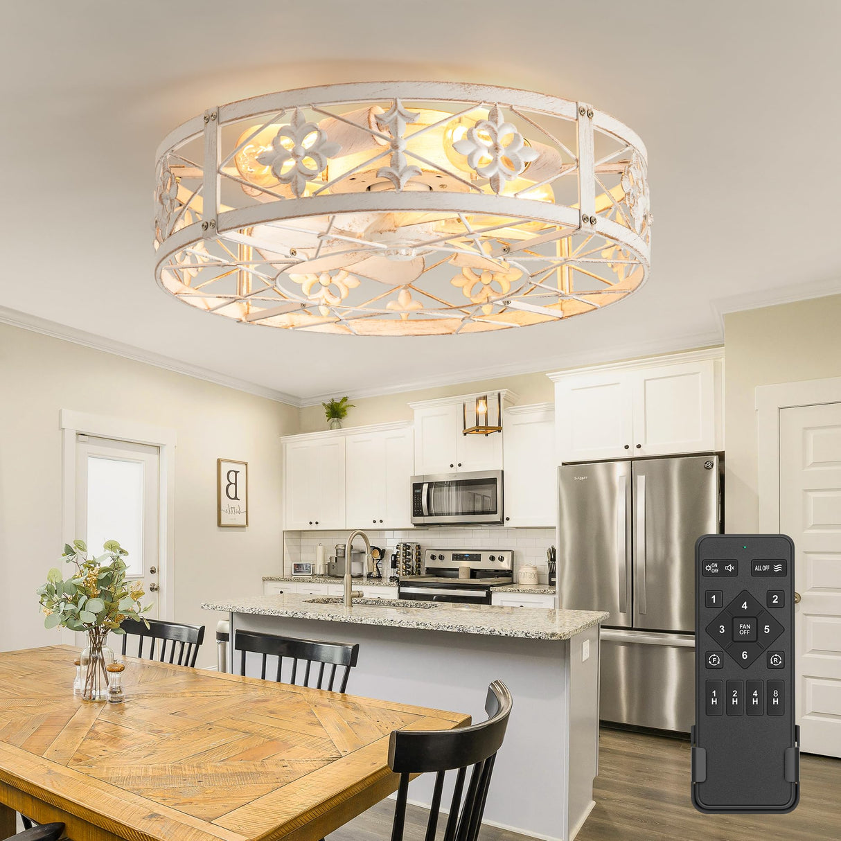 ZYD Caged Ceiling Fan with Light, 20" Ceiling Fan with Lights and Remote Flush Mount, Bladeless Caged Ceiling Fan with Light, Rust White Farmhouse Ceiling Fan for Bedroom, Kitchen, Dining Room ZYD