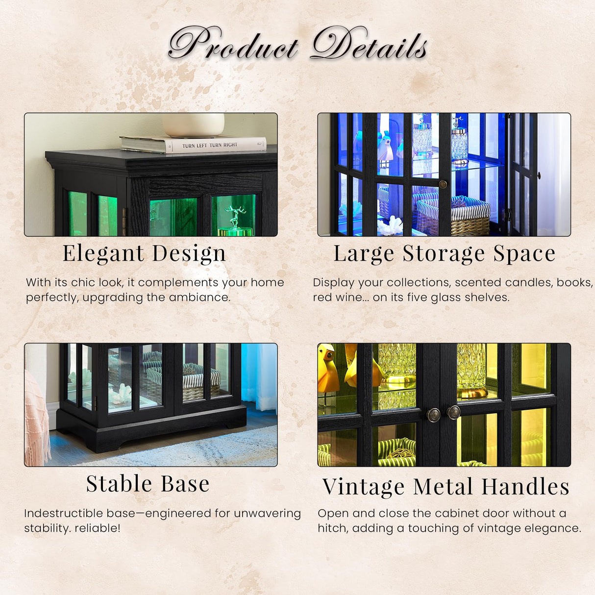 CKEASEAN 32" H LED Accent Curio Cabinet with 7 Color Lights for Collectibles, Modern Storage Cabinet with Tempered Glass Doors, Sideboard Buffet Case with Smartphone-Controlled Lights (Black) CKEASEAN