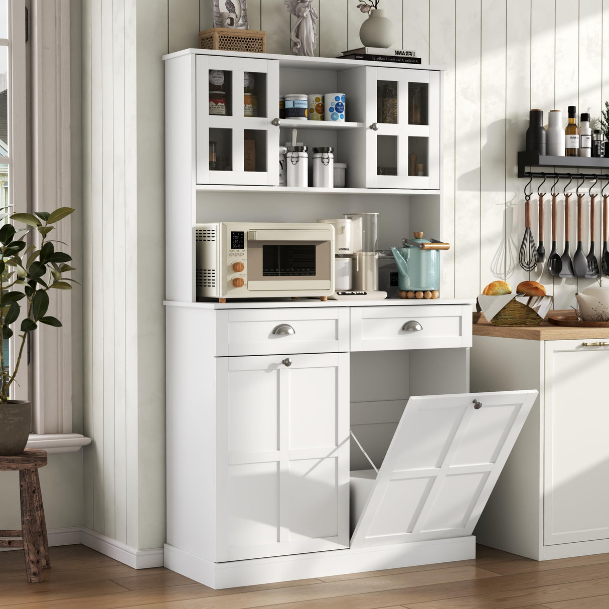 Kitchen Pantry Cabinet with Double Tilt Out Trash Cabinet, 68" Tall Kitchen Storage Cabinet with 2 Drawers & Hutch, 20 Gallon Hidden Trash Can Cabinet, Kitchen Cupboard with Microwave Coffee Stand Gyfimoie