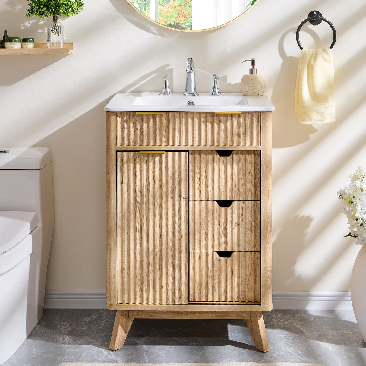 T4TREAM 24" Fluted Bathroom Vanity with Ceramic Sink Combo,Freestanding Small Modern Bathroom Storage Vanity Cabinet with Sliding Door & 3 Drawer,Wood Grain Texture,Metal Handle,Natural Oak T4TREAM