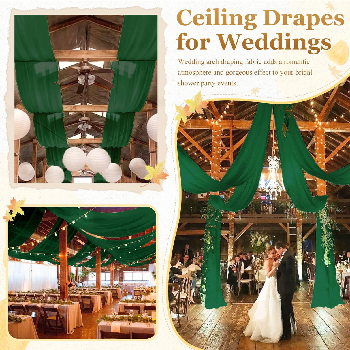 MODFUNS Ceiling Drapes for Parties Green Chiffon Ceiling Curtains 5x30FT 4 Panels Sheer Draping Fabric Tulle Curtain Drapery Elegant Arbor Ceiling Fabric for Bridal Baby Shower Party Tent Drapes MODFUNS
