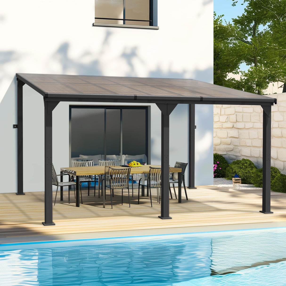 Pamapic 10 * 14FT Hardtop Lean to Gazebo,Wall Mounted Gazebo,Outdoor Gazebo,Aluminum Frame Pergola,UV Resistant Polycarbonate Roof,Outdoor Patio Awnings for Deck,Backyard Pamapic