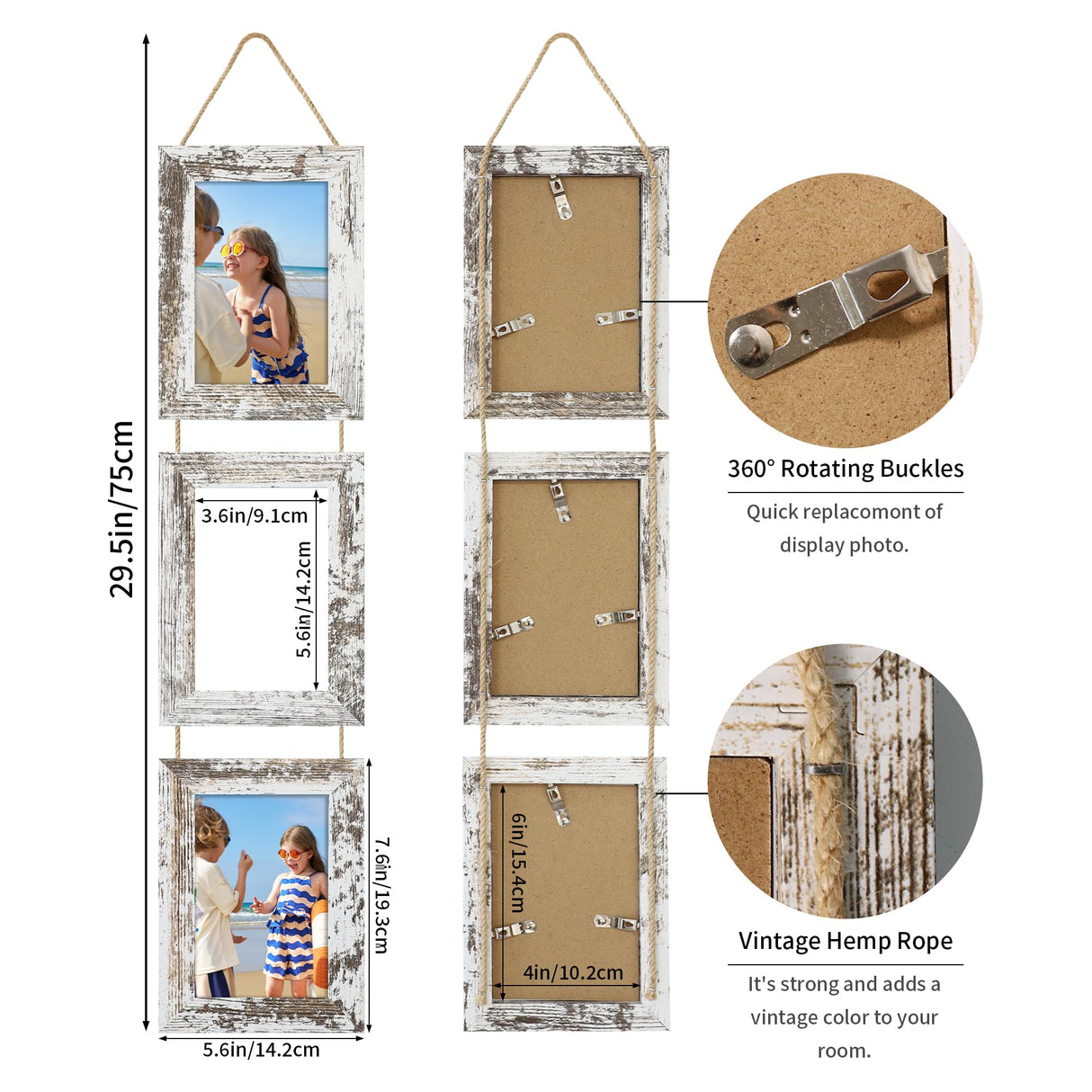 ccdcc 4x6 Collage Picture Frames Set of 2, Rustic Wooden Real Glass Vertical Hanging 3 Opening 4 by 6 Photo Frame, Distressed White ccdcc