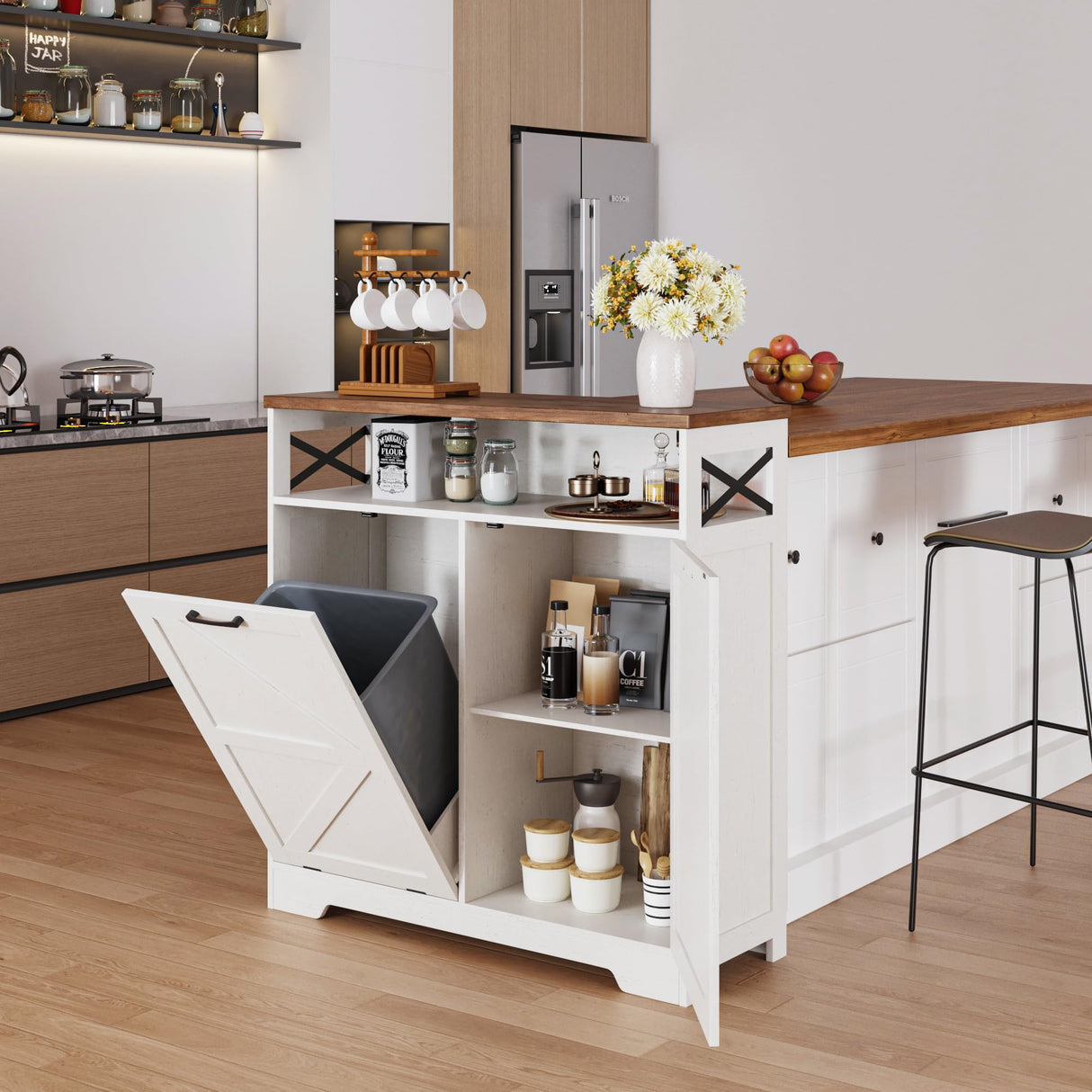 Befrases Tilt Out Trash Can Cabinet for 13 * 1 Gallon Trash Can, Farmhouse Kitchen Island Cabinet with Adjustable Shelf for Hidden Laundry Basket, Dog Proof Garbage Can for Dining Living Room, White Befrases