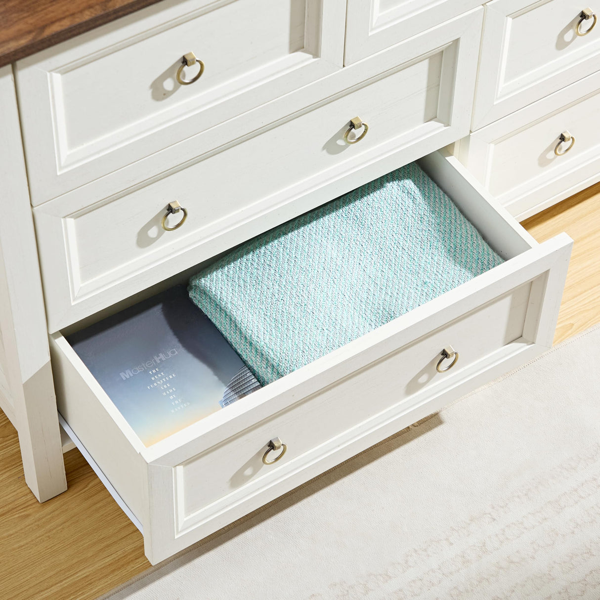 OKYCI Farmhouse 7 Drawer Dresser, Long Wood Chest of Drawers with 1.2" Thickened Top - 54" W x 31.5" H,Antique White OKYCI