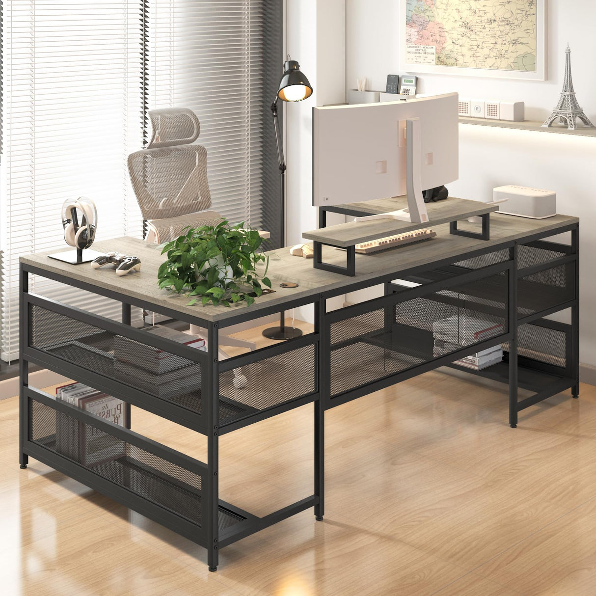 AYUYK U Shaped Gaming Desk, Reversible L Shaped Computer Desk with Shelve & LED Lights, Corner Gaming Desk with Monitor Stand & Storage Shelves for Home Office (Gray) AYUYK