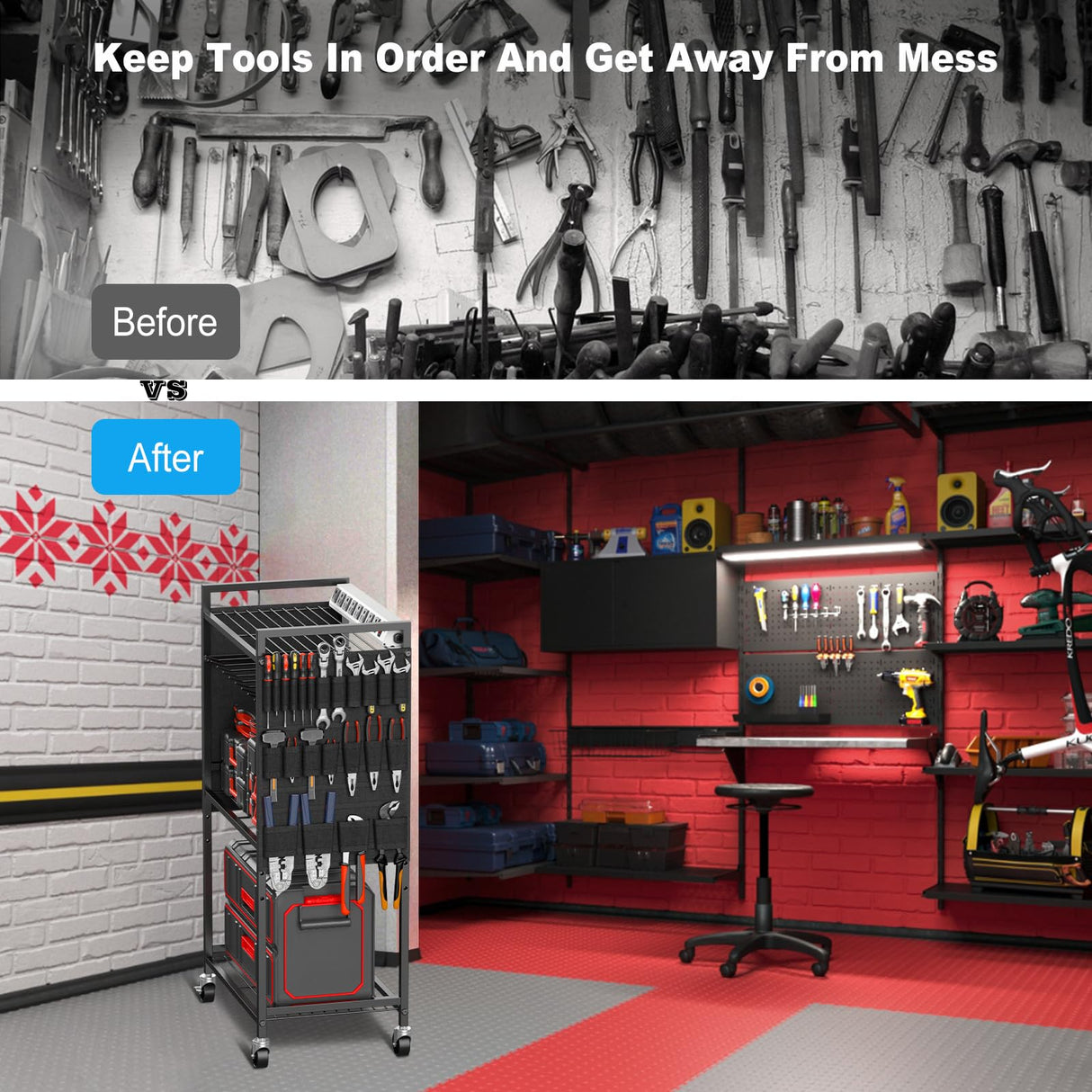 JUNNUJ Large Power Tool Organizer Cart with Charging Station, Garage Floor Standing Rolling Drill and Tools Battery Storage Cart on Wheels, Heavy Duty Rack Shelf with 8 Outlet Power Strip, Black JUNNUJ