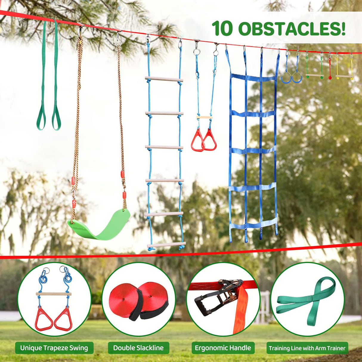 Ninja Warrior Obstacle Course for Kids Backyard - 2×50ft Slackline Kit with 10 Most Complete Accessories for Boys & Girls, Swing, Rope Ladder, Gymnastic Ring, Climbing Net, Arm Trainer and Monkey Fist Dripex