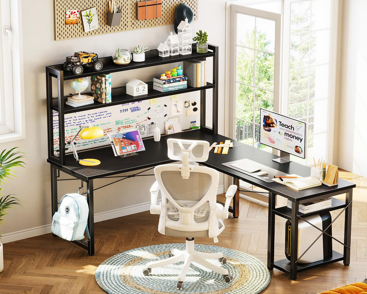 ODK L Shaped Gaming Desk with Hutch, Computer Desk with Storage Shelves, 66" L Shaped Desk for Home Office, Corner Desk with Headphone Hook, Black ODK