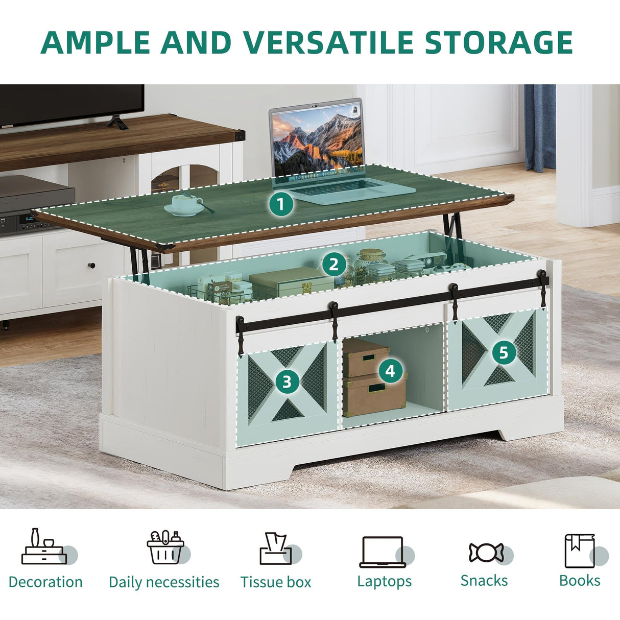 YITAHOME Farmhouse Coffee Table, Lift Top Coffee Table with Storage & Sliding Groove Barn Door,Rustic Coffee Tables for Living Room, Center Table for Living Room, Brown and White YITAHOME