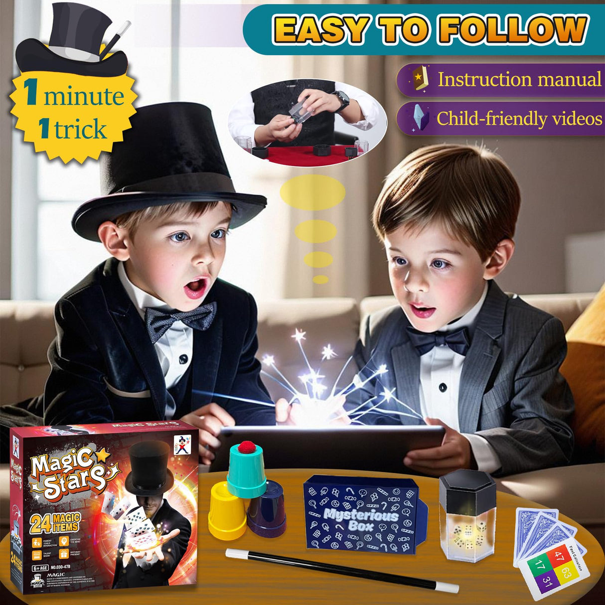 VIANBYE Magic Tricks for Kids, Magic Kit with Video Instructions for Easy Learning, 24-in-1 Magician Starter Set, Christmas Halloween Birthday Gifts Toys for Ages 6 8 10 12 Years Old Boys Girls VIANBYE