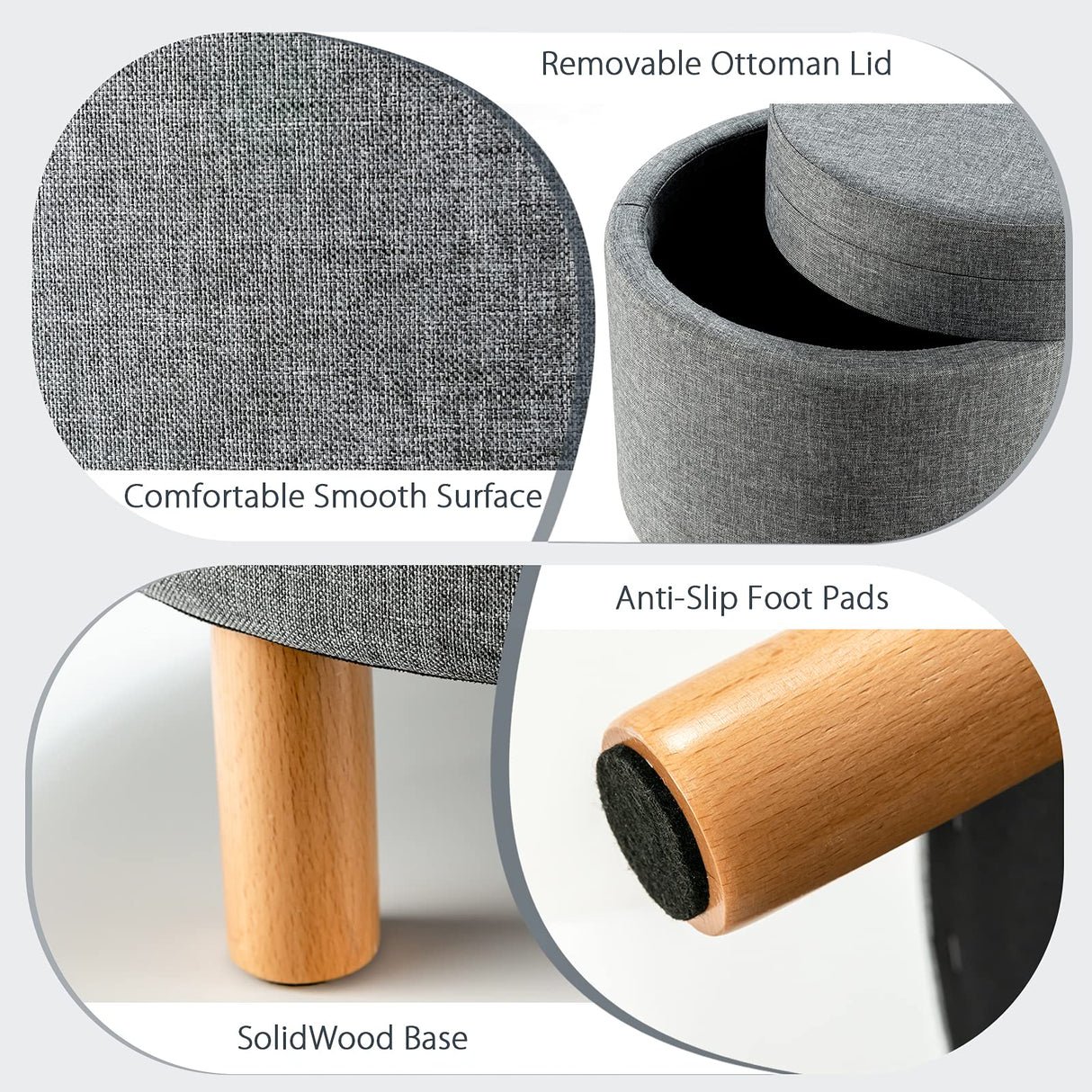 Giantex Round Storage Ottoman with Tray, Accent Storage Footstool w/Soft Padding, Fabric Sitting Stool w/Solid Wood Legs & Non-Slip Pads, Tray Top Coffee Table for Living Room, Bedroom (Grey) Giantex
