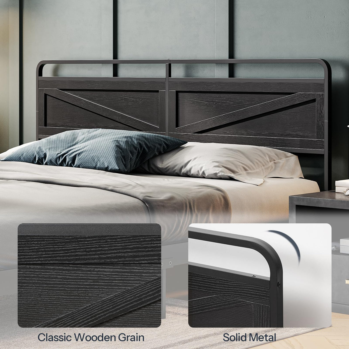 HOOBRO Wooden Panel Headboard, King Headboard, Minimalist Head Board with Metal Frame, Height Adjustable, with Bed Frame Adapter, Black HOOBRO