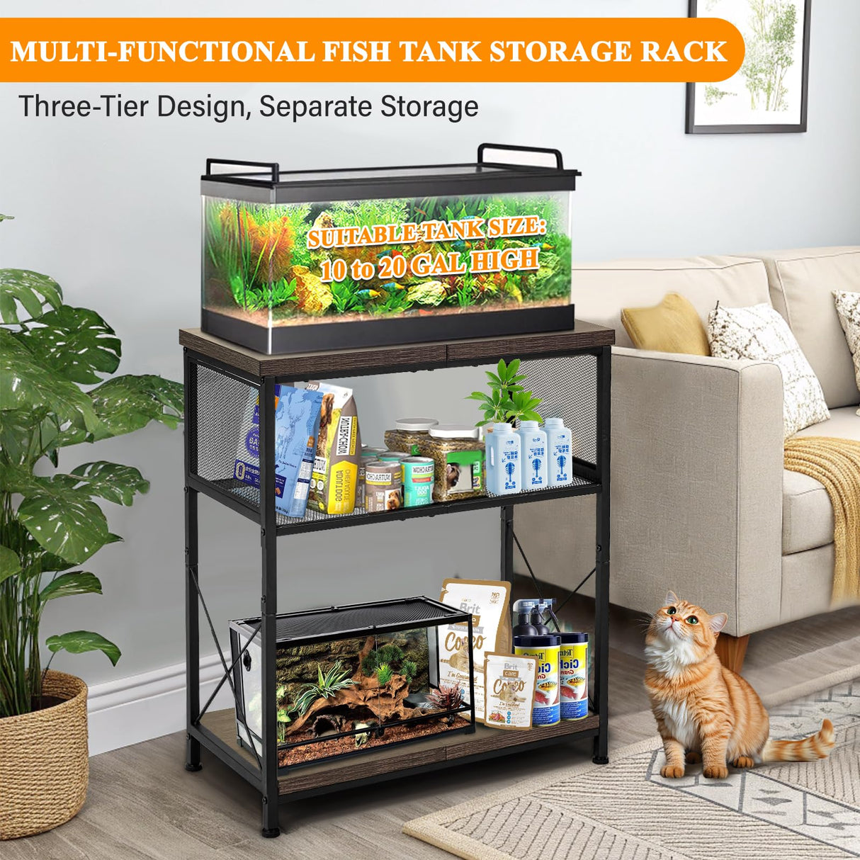 LALA IKAI Fish Tank Stand, 10-20 Gallon Metal Aquarium Stand Table with 2 Tiers Storage Shelf, 4-Leg Reptile Tank Stand 25.59" L x 12.60" W x 30.70" H, Black LALA IKAI