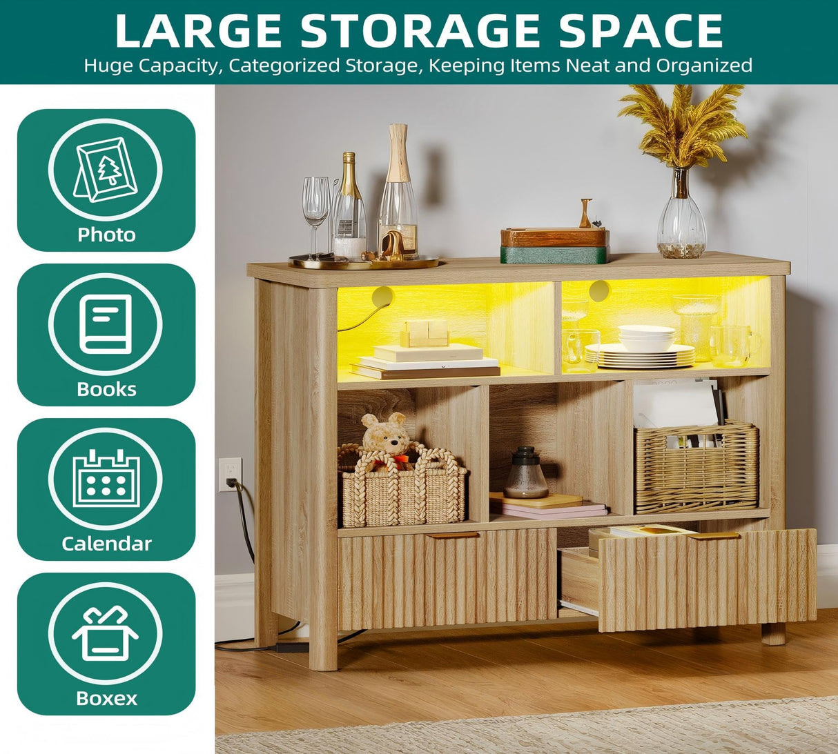 YITAHOME Bookcase with Drawers, Fluted Wood Cubby Storage Organizer Shelf Cube Bookshelf with Adjustable LED Lighting, Modern Horizontal Bookshelf for Living Room, Office, Entryway, Oak YITAHOME