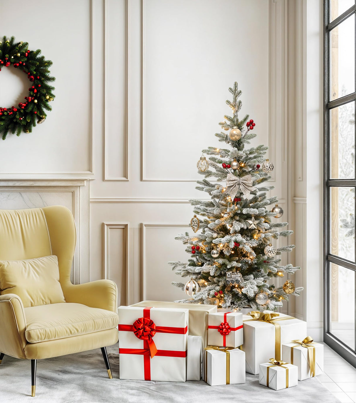 DWVO 4.5 FT Potted Slim Pre-lit Flocked Arctic Fir Pencil Tree, Potted Christmas Tree with 11 Red Hollies, 358 PE & PVC Branch Tips, and 100 Lights for Home and Office Decor DWVO