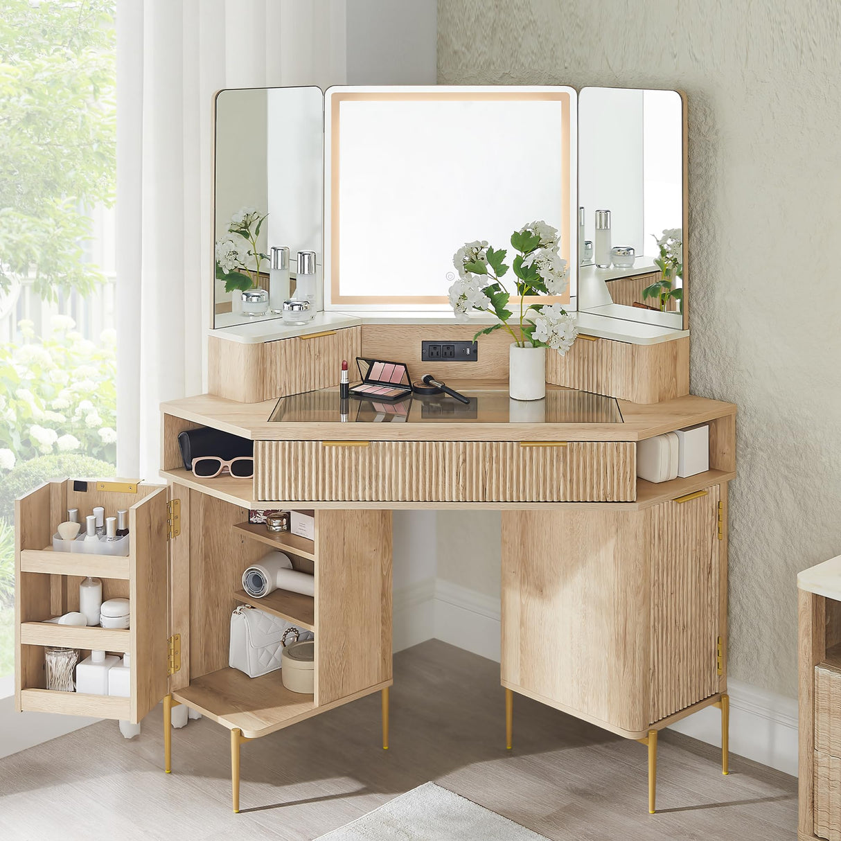 T4TREAM 48'' Fluted Makeup Vanity Desk with HD Triple Mirror and Lights, Large Lighted Corner Vanity with Glass Top, Modern Dressing Table with 3 Drawers & 2 Cabinets for Bedroom, Natural Oak T4TREAM