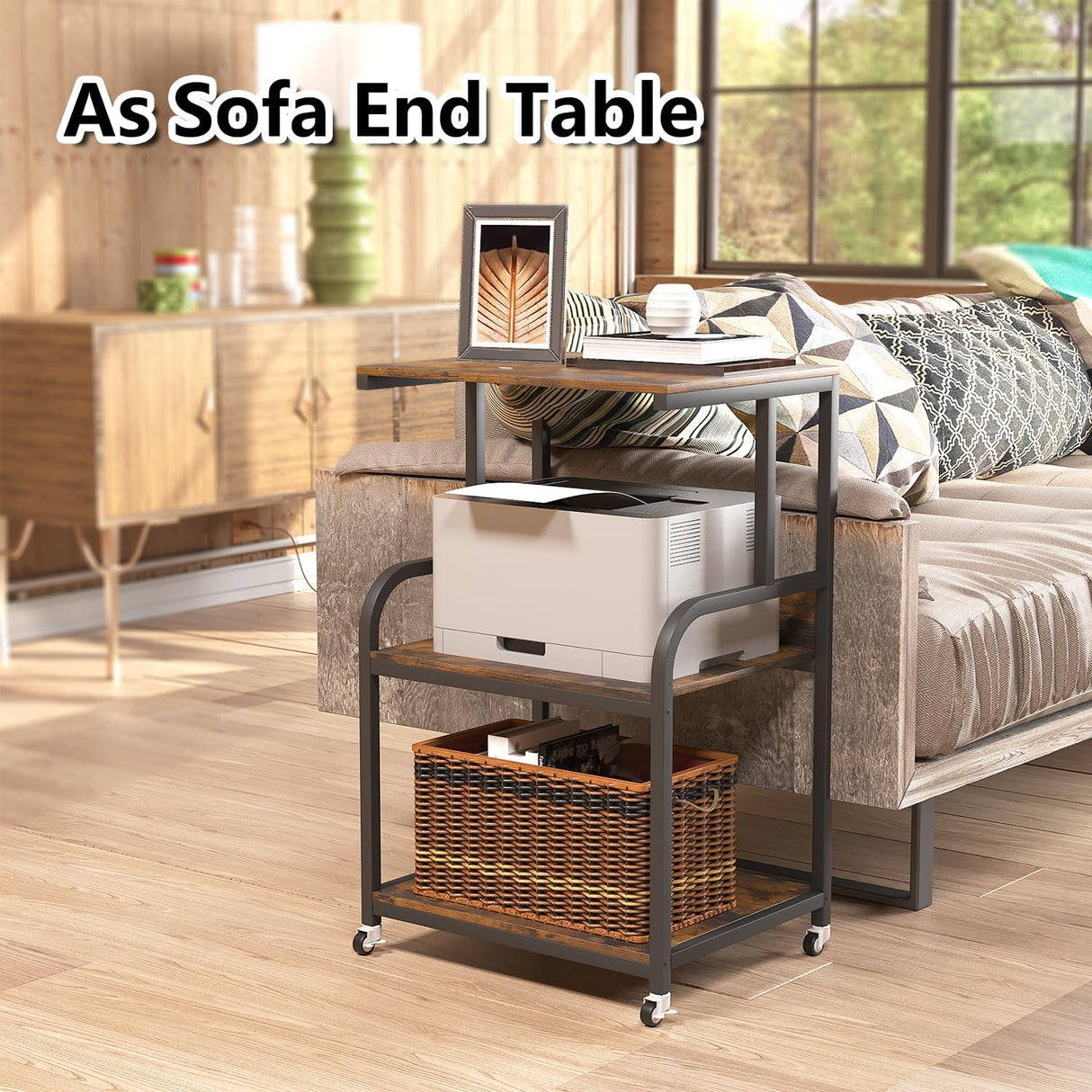 EasyCom 20''x15.7''Large Printer Stand-3 Tier Printer Table with Wheels- Printer Storage Cart- Rolling Printer Cart with Storage Shelf for Printer Scanner Fax Home Office Use- Rustic Brown EasyCom