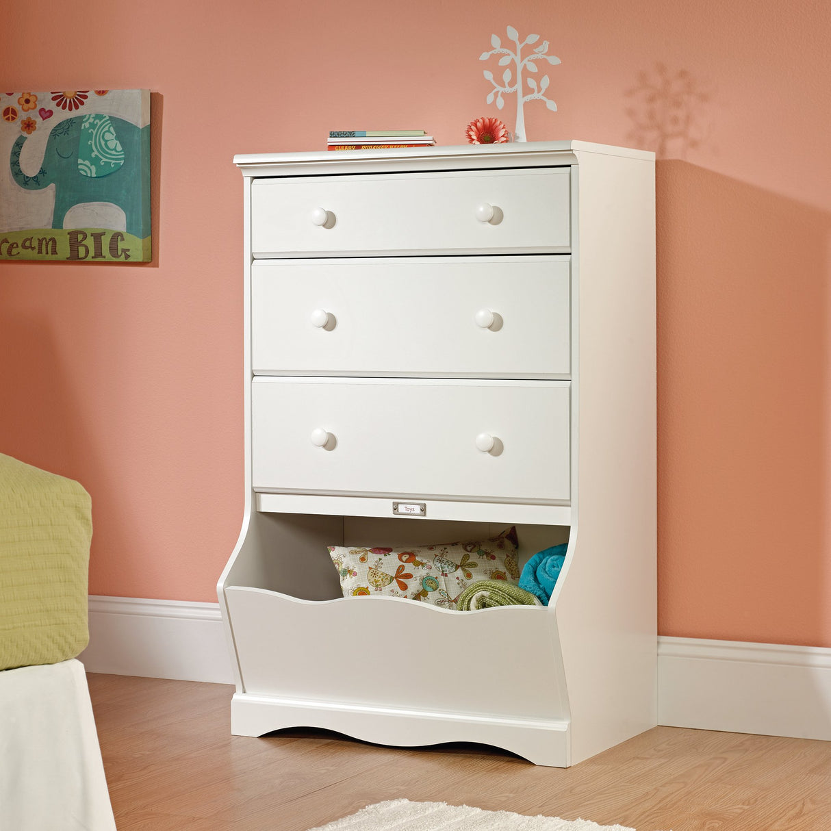 Sauder Pogo 3-Drawer Chest, L: 30.08" x W: 19.37" x H: 47.01", Soft White Sauder
