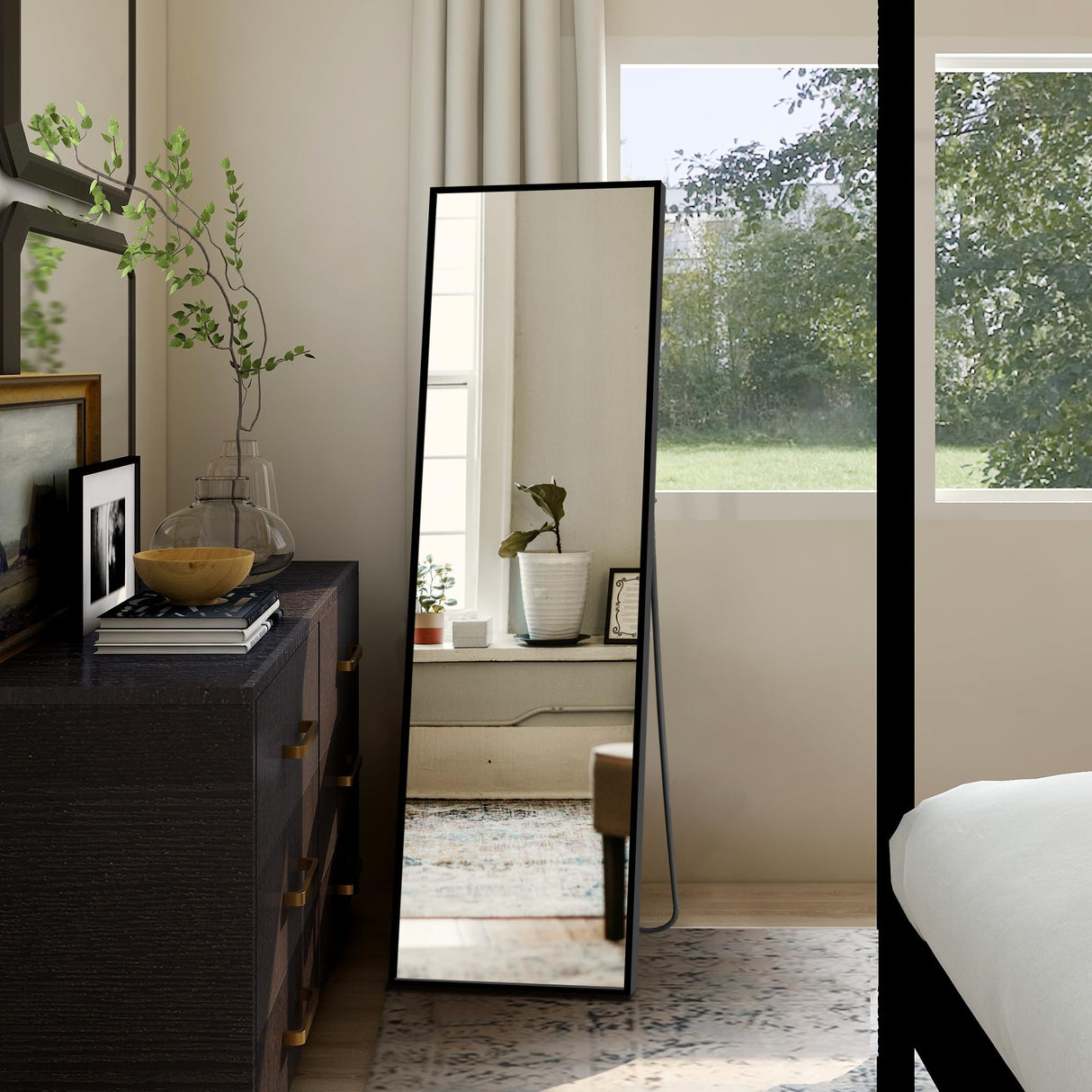 Delma Wall Mirror Full Length Mirror,Standing Mirror Full Body,Large Floor Mirror for Wall Door Bedroom Bathroom Living Room with Aluminium Frame(with Stand,56x15-Black) Delma
