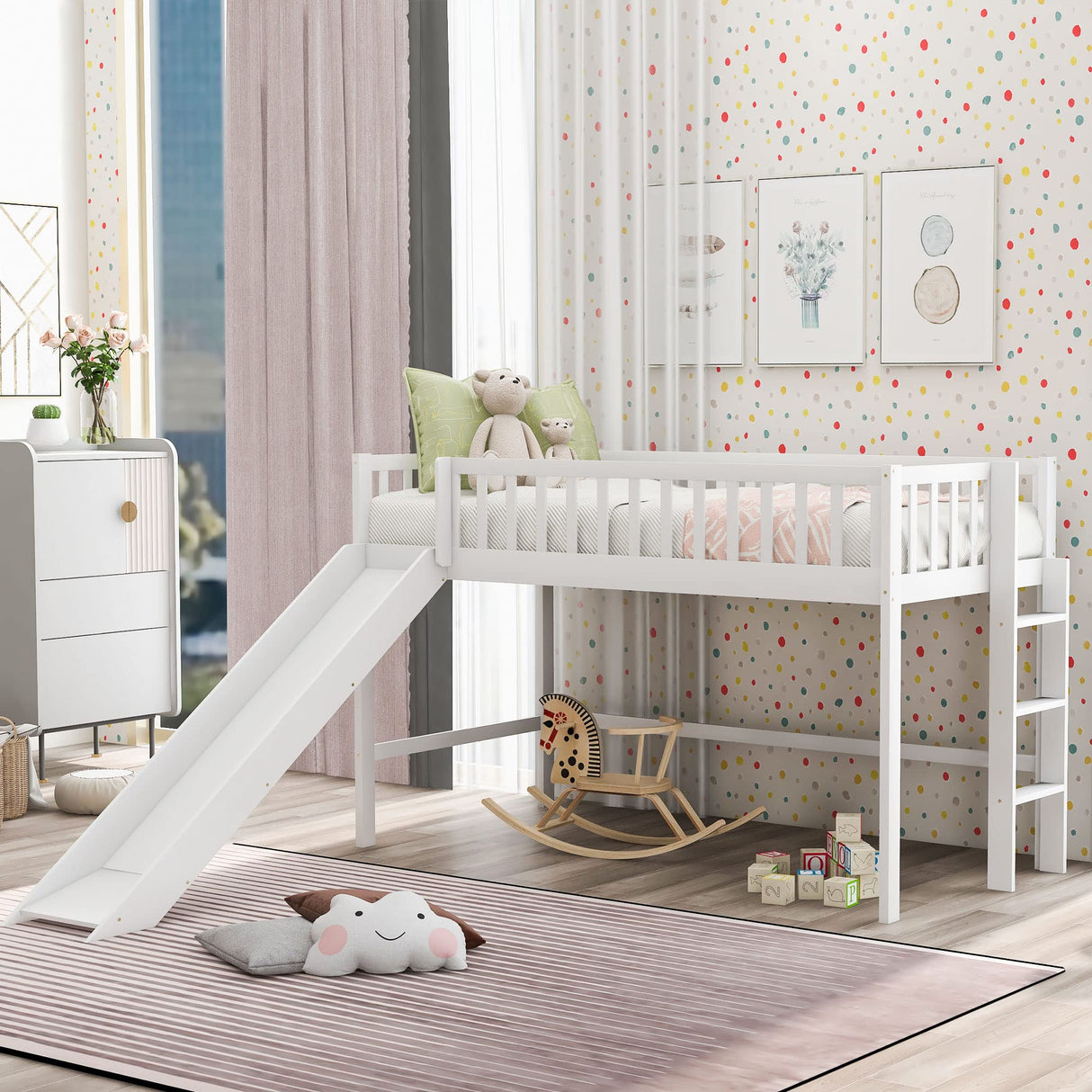 Majnesvon Twin Loft Bed with Slide,Wood Loft Bed Low Profile for Boys Girls, Built-in Ladder and Guard Rail,No Box Spring Needed Majnesvon