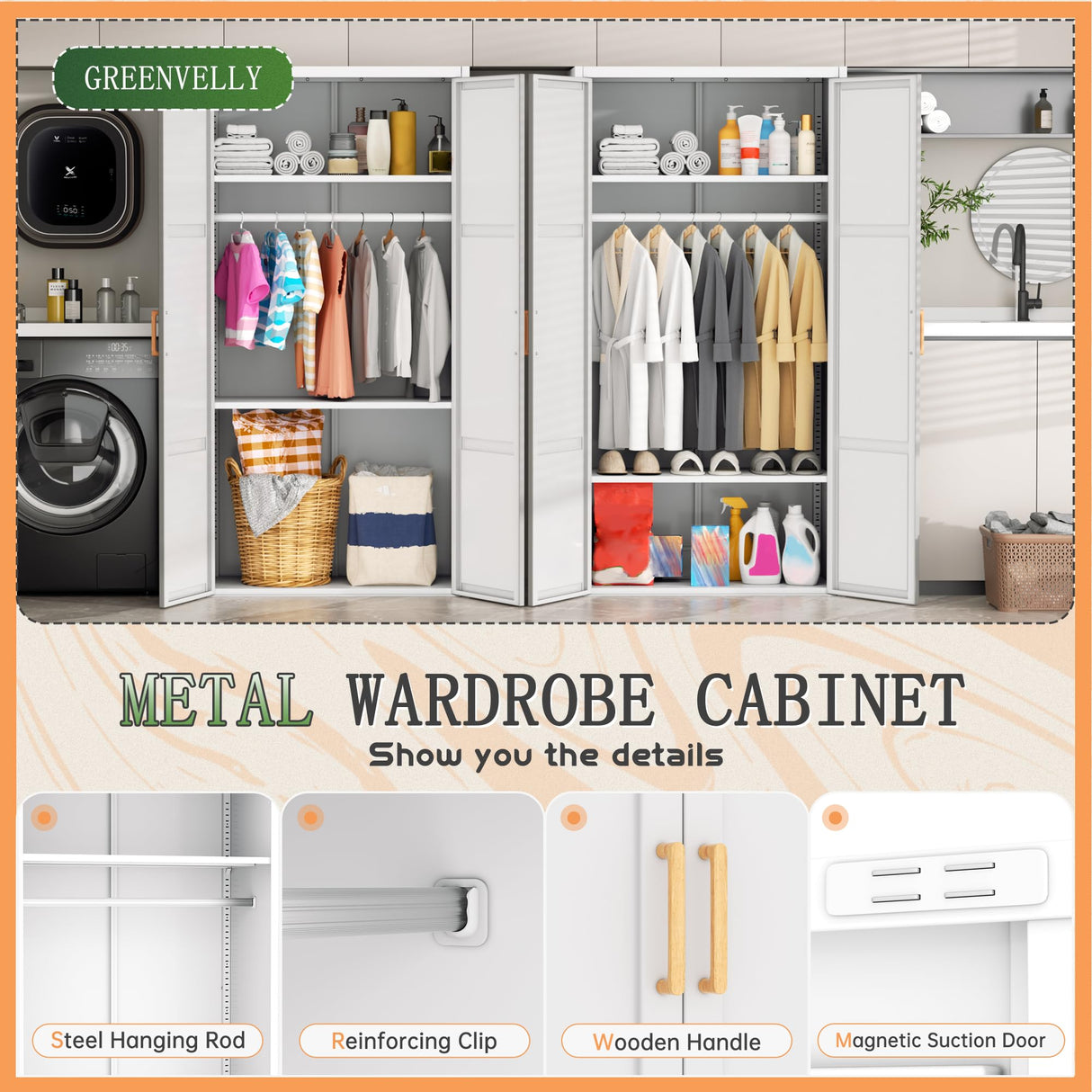 Greenvelly Metal Wardrobe Closet with Doors and Shelves,72" Armoire Wardrobe Closet for Hanging Clothes for Office, Home, School, Employee,Gym(White,36" W x 18" D,Warm Style) Greenvelly