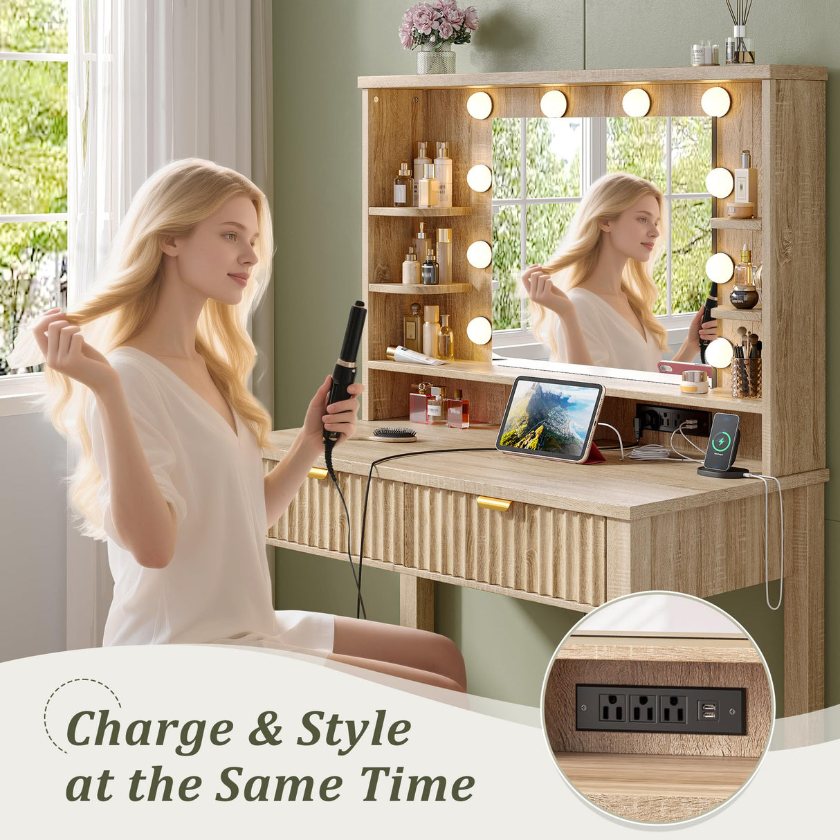 Homkdom Vanity Desk with HD Mirror and 3-Color Adjustable Lights, Fluted Makeup Vanity with Storage Stool, 2 Large Drawers & Charging Station, Small Vanity for Women's Bedroom, Dressing Room, Oak Homkdom